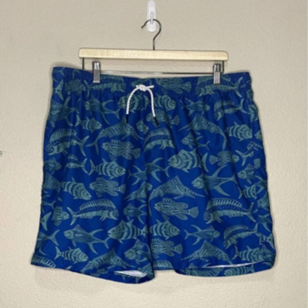 Ocean Coast Swim Shorts Mens X Large Blue Green Fish Print Pockets Tie Close